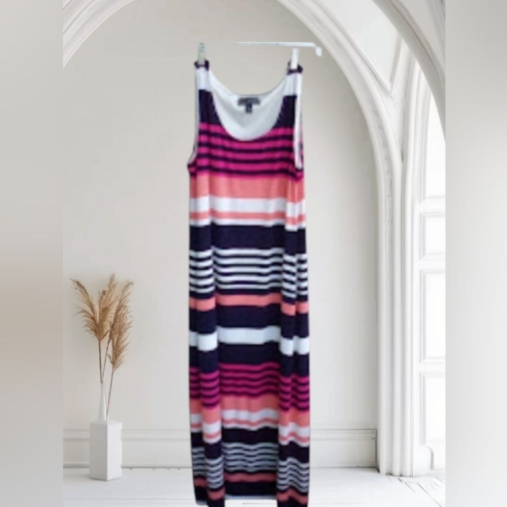 Jessica Howard Maxi Dress Sleeveless Striped Silky Stretchy Coastal Leg Slits L